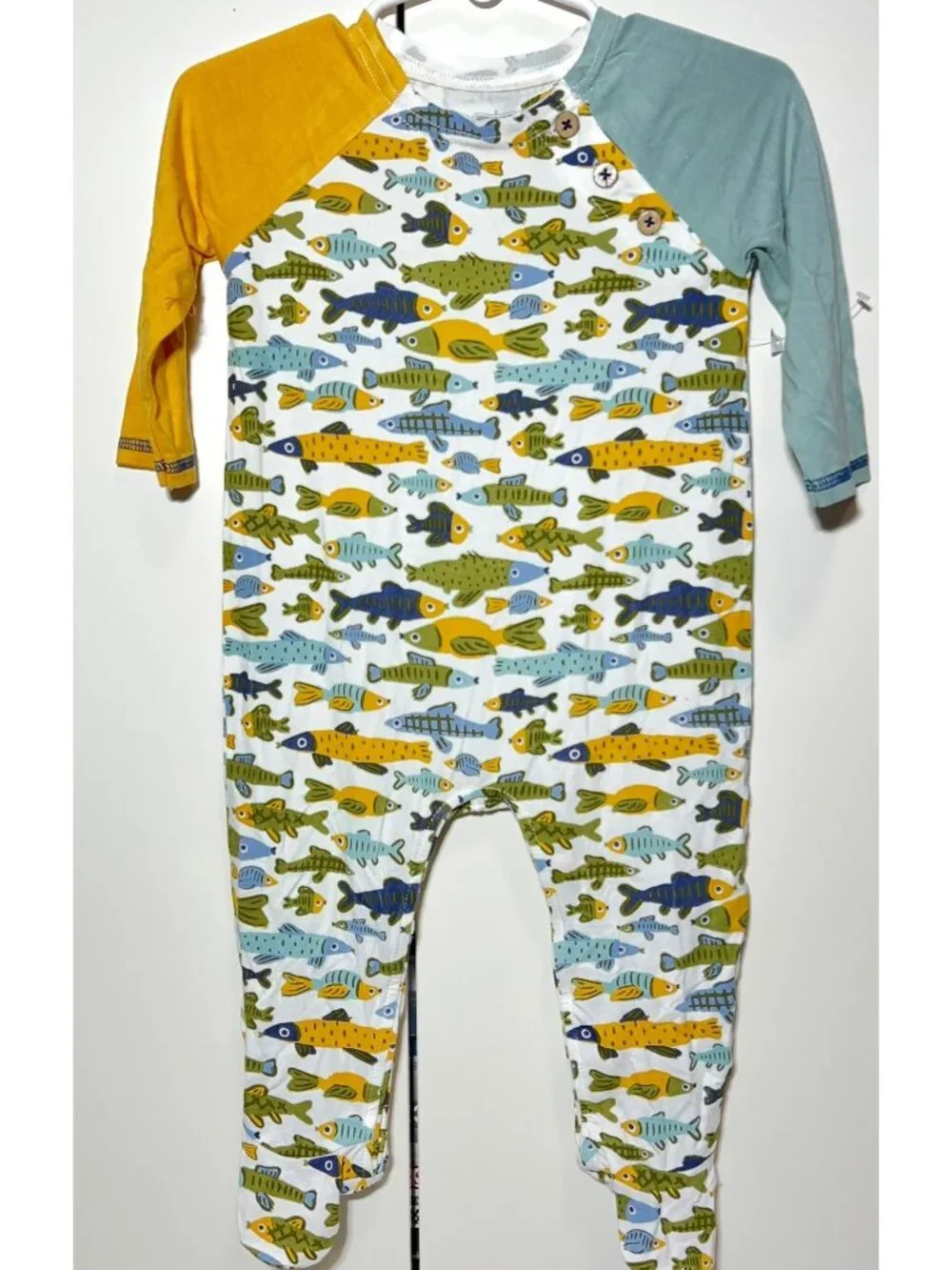 Mud Pie 3m 6m NWOT blue yellow Fish Baby footed Bamboo knit Sleeper footie